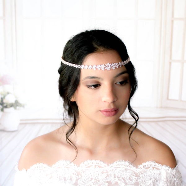 Rose gold forehead piece Bridal headpiece Wedding hair accessory Bridal tiara Rose gold circlet halo Rose gold Wedding crown CZ Halo
