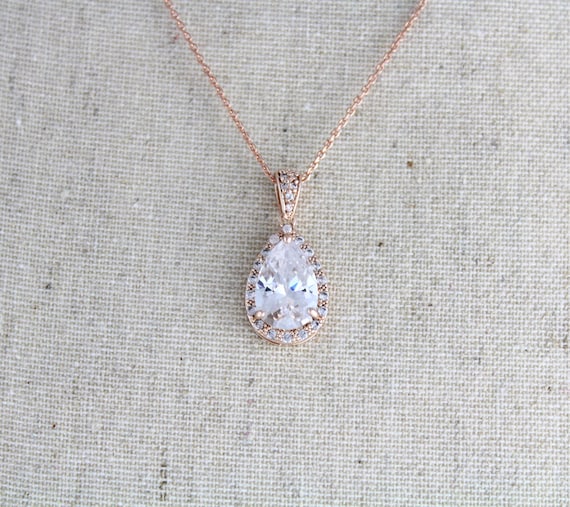 Rose Gold Bridal Necklace Crystal Wedding Necklace Rose Gold Etsy