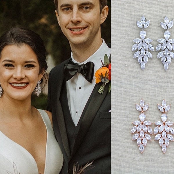 Crystal Bridal earrings, Bridal jewelry, Statement Wedding earrings, CZ Chandelier earrings for wedding, Rose gold earrings for bride