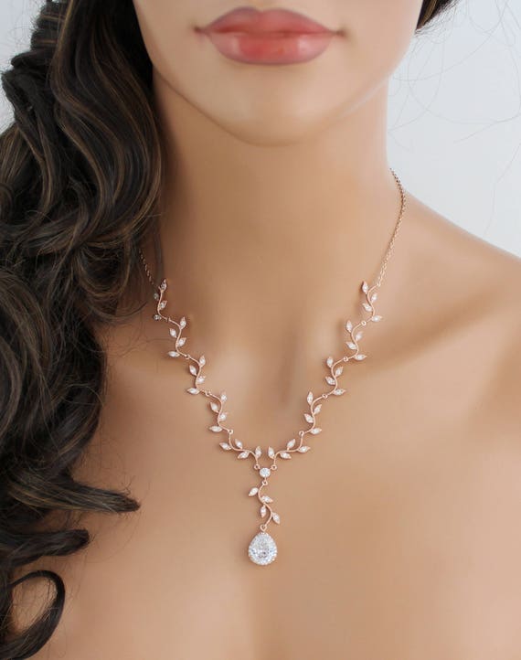 Rose Gold Necklace Rose Gold Bridal Necklace Crystal Wedding 