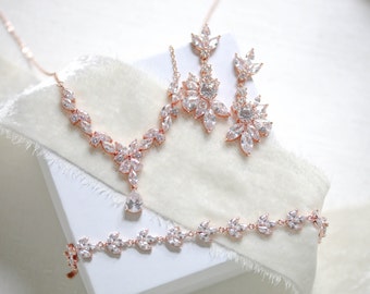 Rose gold necklace & earrings set, Bridal jewelry set, Rose gold Bridal earrings, Wedding jewelry for Bride, 3 piece jewelry set, Bracelet