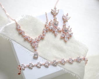 Rose Gold Bridal Jewelry Set, Cubic Zirconia Necklace Earrings Bracelet