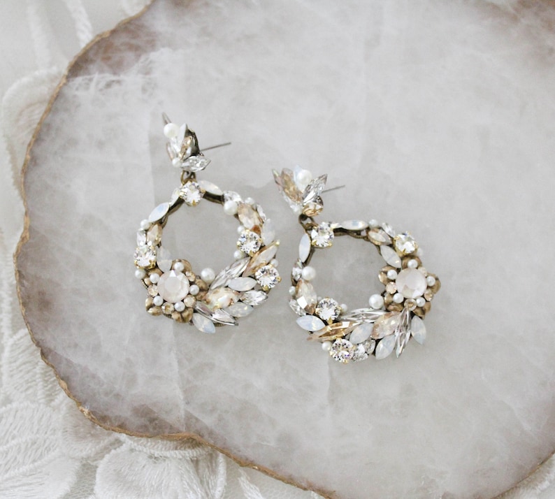 Crystal bridal earrings, Round hoop earrings, Bridal jewelry, Antique gold Wedding earrings, Boho style earrings, Wedding jewelry antique gold (pic)