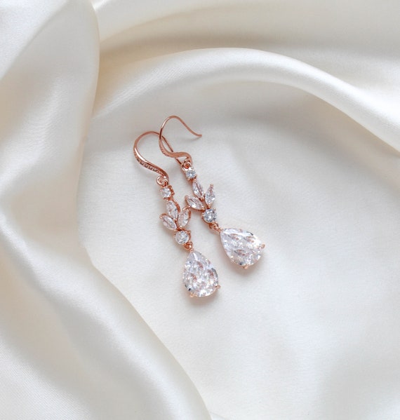 Orecchini Pendenti A Foglia Con Zirconia Cubica Per Sposa - Oro Rosa, Ipoallergenici