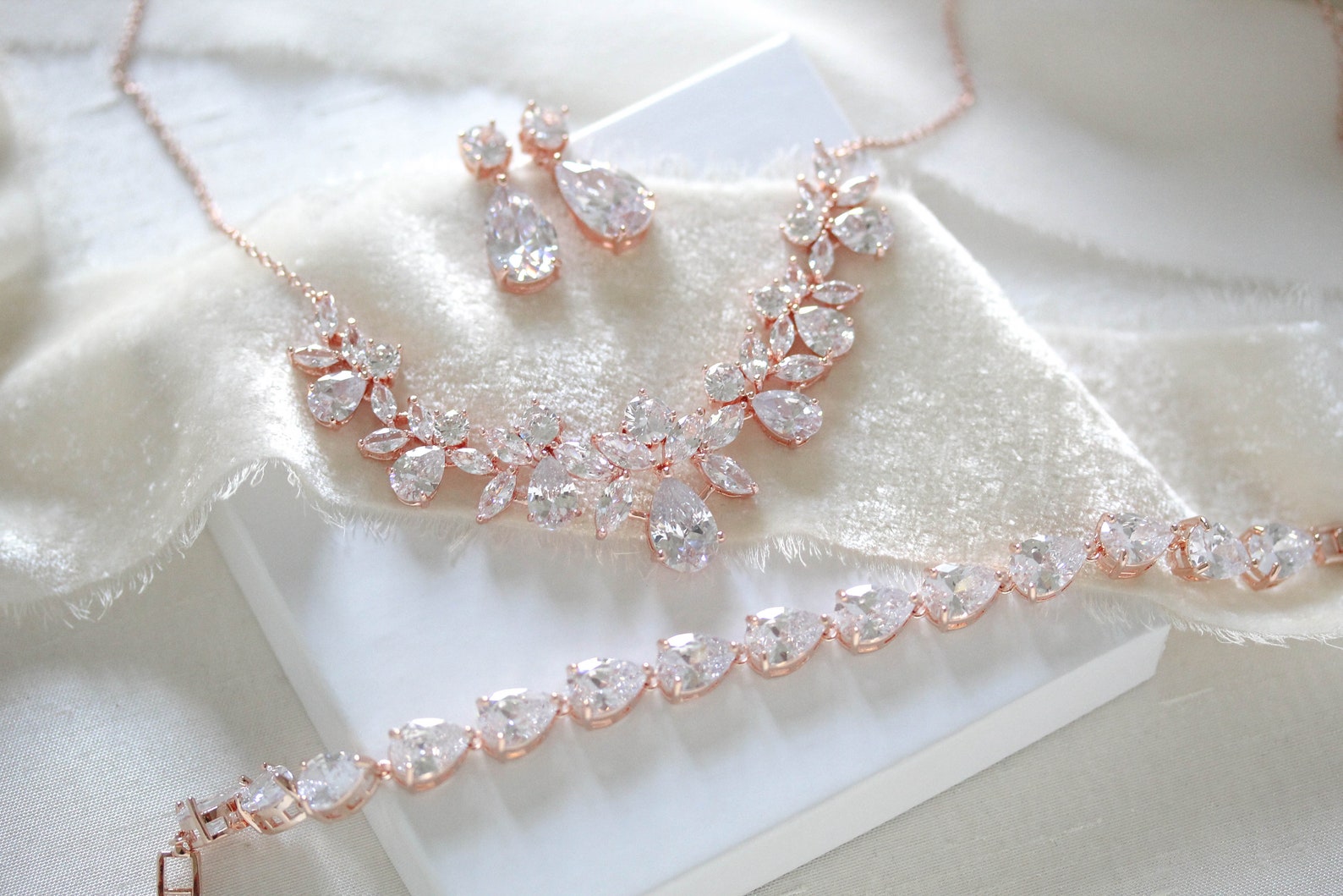 Rose Gold Wedding Jewelry Set, Rose Gold Necklace Set, Rose Gold Bridal