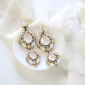 Antique gold earrings with ivory cream, white opal, golden shadow and clear Swarovski Crystals