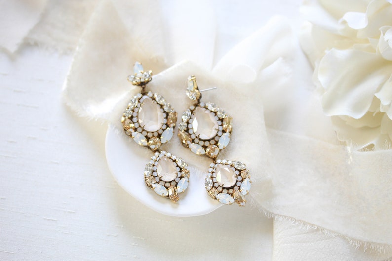 Antique gold earrings with ivory cream, white opal, golden shadow and clear Swarovski Crystals