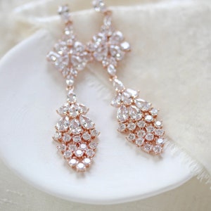 Rose gold Bridal earrings, CZ Bridal jewelry, Statement Wedding earrings, Rose gold chandelier earrings, Long drop earrings for bride