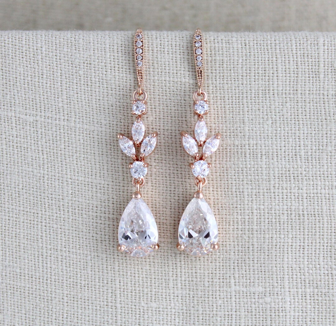 Crystal Bridal Earrings Bridal Jewelry Rose Gold Leaf - Etsy