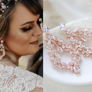 Rose gold Bridal earrings, Bridal jewelry, Floral Hoop Wedding earrings, CZ leaf earrings, Rose gold Wedding jewelry, Statement earrings
