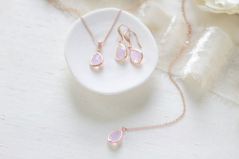 Rose gold backdrop  necklace and earrings set with ice pink gemstone