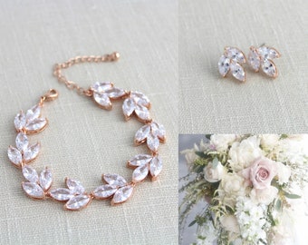 Rose gold Bridal bracelet, Bridal jewelry, Tennis bracelet, Wedding bracelet and earrings set, Bridesmaid jewelry Rose gold Wedding jewelry
