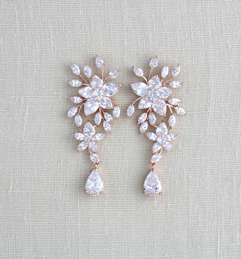 Rose Gold Bridal Earrings Bridal Jewelry Modern Vintage - Etsy