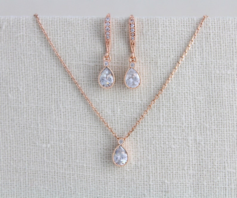 Dainty Rose Gold Necklace and Earring Set Delicate Bridal - Etsy