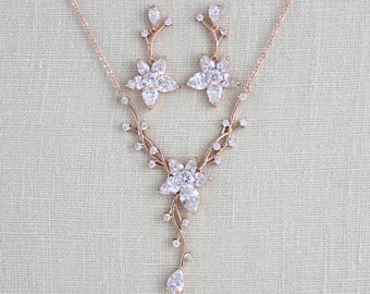 Rose gold Bridal necklace Rose gold Bridal earrings Wedding jewelry set Crystal necklace Crystal drop earrings Bridal jewelry LILY