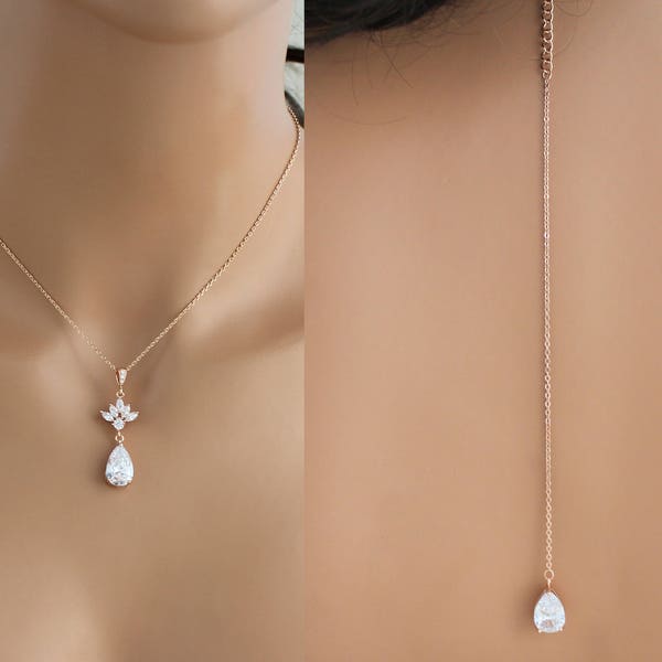 Collar con espalda de oro rosa, collar con fondo de novia, joyería de novia, collar de dama de honor, collar con fondo de cristal, collar de boda EMMA