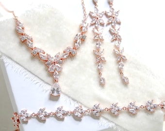 Rose Gold Bridal Jewelry Set, Cubic Zirconia Necklace, Earrings, Bracelet