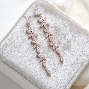Long Rose gold Bridal earrings, Bridal jewelry, Crystal Wedding earrings, CZ earrings, Delicate earrings, Rose gold Wedding jewelry