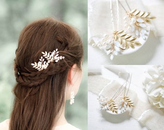 Gold Bridal hair pins, Gold Bridal hair piece, White opal hair pins, Wedding hair accessories, Crystal hair pins, Bridal Leaf hair pins