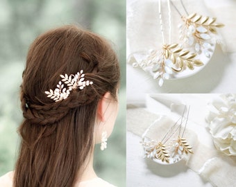 Alfileres de pelo de novia de oro, pieza de pelo de novia de oro, alfileres de pelo de ópalo blanco, accesorios para el cabello de boda, alfileres de pelo de cristal, alfileres de pelo de hoja nupcial