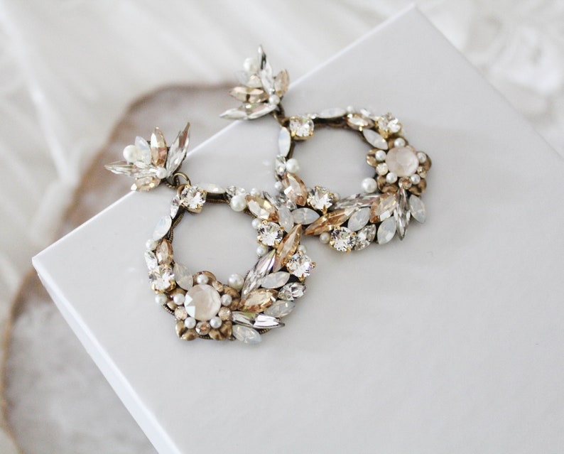 Crystal bridal earrings, Round hoop earrings, Bridal jewelry, Antique gold Wedding earrings, Boho style earrings, Wedding jewelry image 6