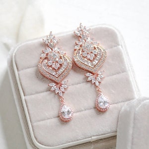 Rose Gold Bridal earrings Chandelier Wedding earrings Bridal jewelry Crystal Earrings Long earrings Pearl earrings Statement earrings EMMA