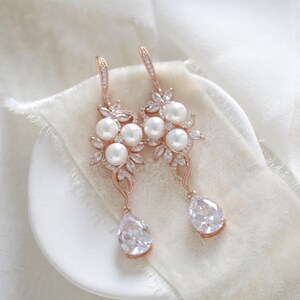 Rose gold Bridal earrings, Bridal jewelry, Crystal Wedding earrings, Long earrings, Pearl earrings, CZ earrings, Wedding jewelry, MIA