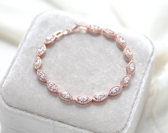 Rose Gold Bridal Bracelet, Crystal Bracelet for Bride, Tennis bracelet, Cubic Zirconia Wedding Jewelry