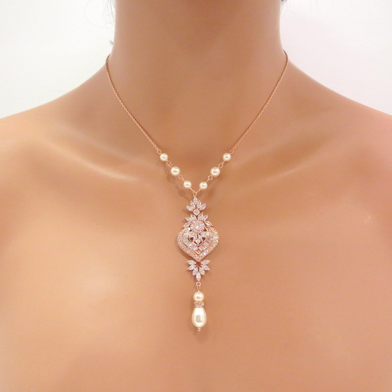 Rose Gold Bridal necklace Crystal wedding necklace Bridal | Etsy