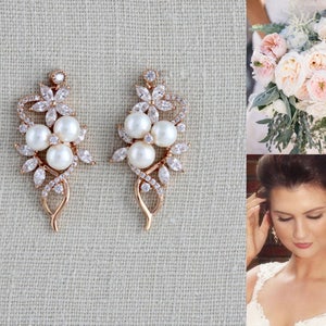 Crystal Bridal earrings, Rose Gold earrings, Bridal jewelry, Pearl earrings, Wedding jewelry, Simple earrings, Crystal earrings, MIA