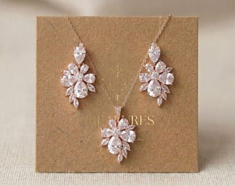 Rose gold jewelry set for Wedding, Bridal earrings and necklace,  Bridal jewelry set, Floral jewelry for Bride