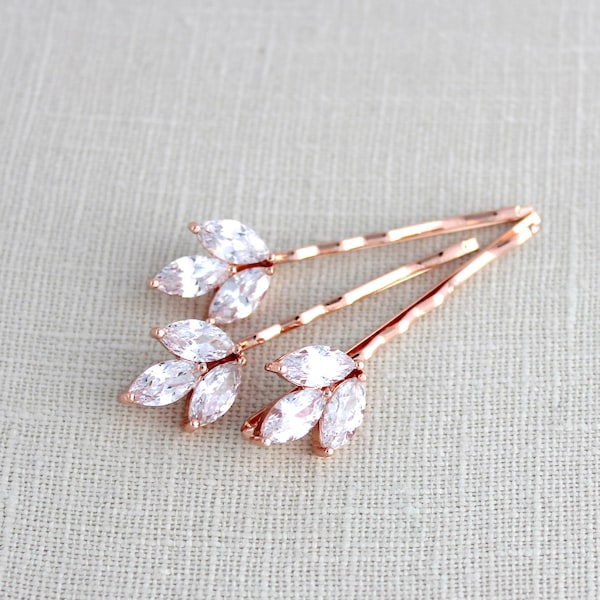 Rose gold hair pins Bridal bobby pins Leaf hair pins Wedding hair accessories CZ hair pins Hair clip Hair comb Hair jewelry