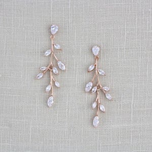 Rose gold Bridal earrings Bridal jewelry Long CZ drop Wedding earrings Dainty Rose gold leaf earrings Rose gold Wedding jewelry APRILLE