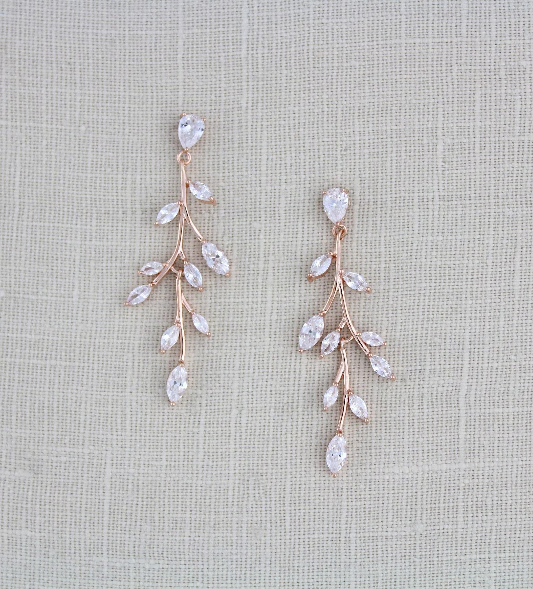 Rose gold Bridal earrings Bridal jewelry Long CZ drop Wedding earrings Dainty Rose gold leaf earrings Rose gold Wedding jewelry APRILLE