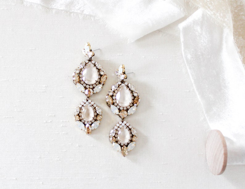 Antique gold  vintage inspired wedding earrings with ivory cream, white opal, golden shadow and clear Swarovski Crystals
