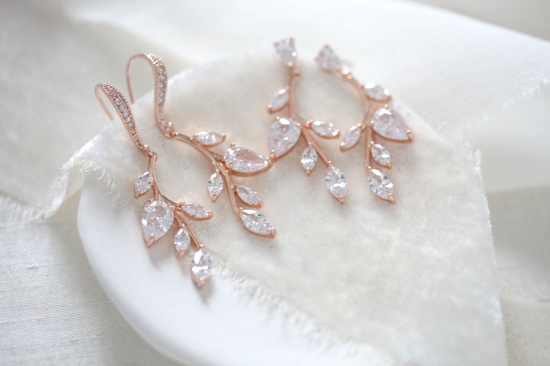 Delicate rose gold cz vine earrings with stud post or ear wire