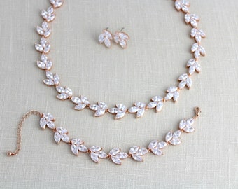 Rose gold jewelry set, Bridal necklace and earrings, Wedding jewelry set, Rose gold jewelry, Rose gold bracelet, Rose gold Wedding necklace