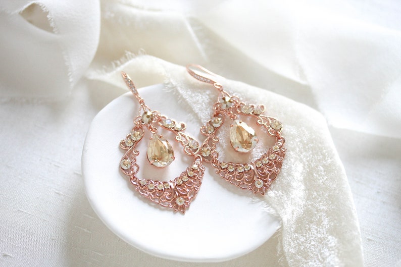 Antique gold Bridal earrings Vintage style Chandelier earrings Bridal Jewelry Wedding jewelry Golden shadow crystal earrings image 8