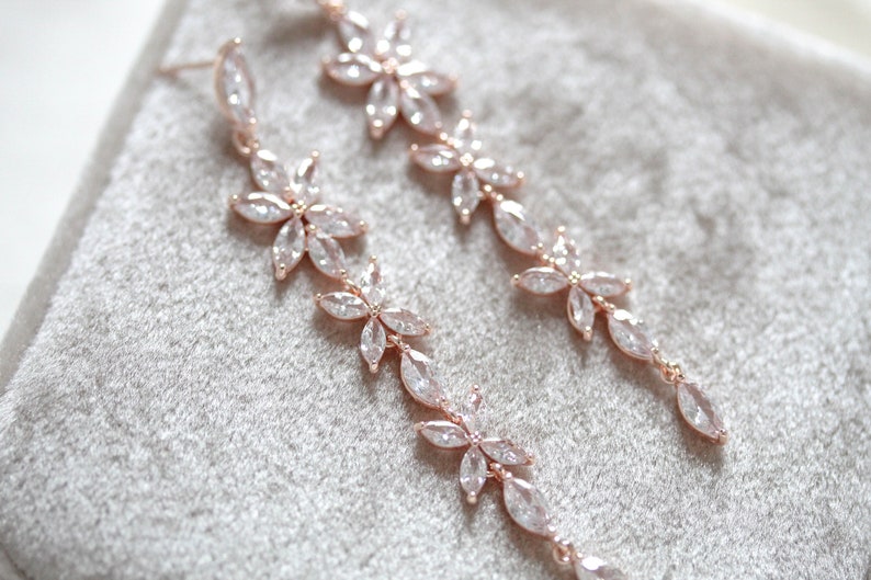 Long Rose gold Bridal earrings, Bridal jewelry, Crystal Wedding earrings, CZ earrings, Delicate earrings, Rose gold Wedding jewelry image 3