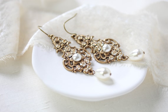 Boucles D'oreilles De Mariée Anciennes En Perles D'or, Bijoux De