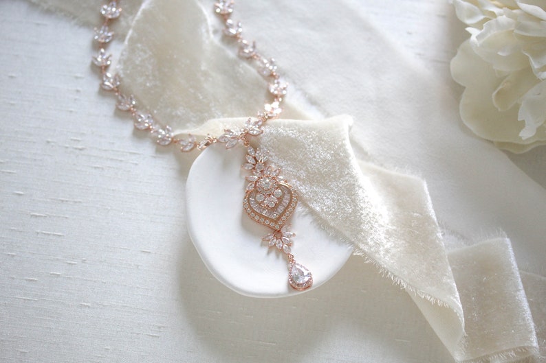 Cubic Zirconia necklace Statement Wedding necklace Rose gold Wedding jewelry Necklace for bride Bridal jewelry Rose gold Bridal necklace