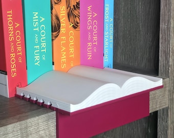May include: A white, open-book shaped shelf accessory with a deep magenta base that clips onto the edge of a wooden shelf. The accessory is positioned in front of five colorful book spines titled A Court of Thorns and Roses, A Court of Mist and Fury, A Court of Silver Flames, A Court of Wings and Ruin, and A Court of Frost and Starlight.