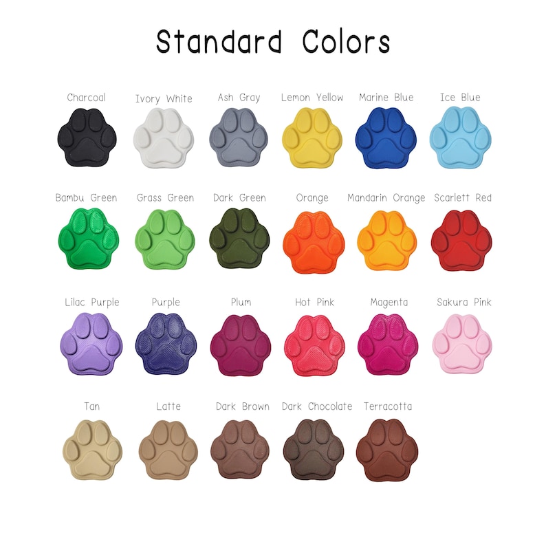 May include: A colour chart showing paw print shapes in a range of colours, such as Charcoal, Ivory White, Ash Grey, Lemon Yellow, Marine Blue, and Ice Blue. The text "Standard Colours" is at the top.