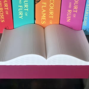 May include: A burgundy-colored book-shaped stand holds an open book with white pages. The stand is positioned in front of a row of colorful books with titles like "Court of Roses" and "Court of Starlight."
