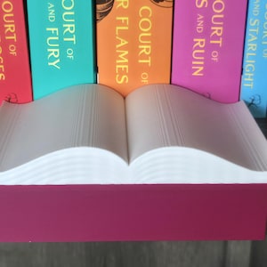 May include: A burgundy-colored book-shaped tray holds a stack of white paper, with the pages open. Behind it, the spines of colorful books are visible, with titles including "Court of Thorns and Roses" and "Court of Fury."