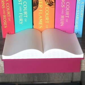 May include: A decorative book-shaped shelf in a deep magenta color, with open pages and a stack of colorful books behind it. The books have titles like "A Court of Thorns and Roses" and "A Court of Mist and Fury".