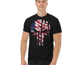 American Flag Skull T Shirt, Patriotic Skull Shirt, USA Gothic Graphic Tee, 4th of July Mens Shirt