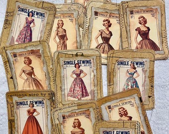 May include: A collection of vintage sewing pattern cards featuring women's dress patterns. The cards are decorated with a distressed, vintage look and have a brown background with white text. The text on the cards reads "Single Sewing".