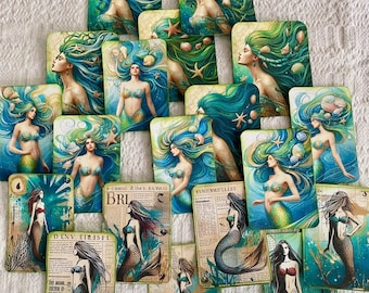 May include: A set of 15 mermaid themed cards with various illustrations of mermaids with long flowing hair and tails. The cards have a vintage newspaper background with text such as "a-caano & the . EAMAI BRI" and "SVIOINME'LLEST".