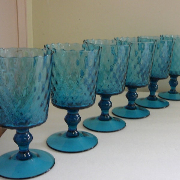 Set of 6 Blue Quilted Water Goblets from the 1960s